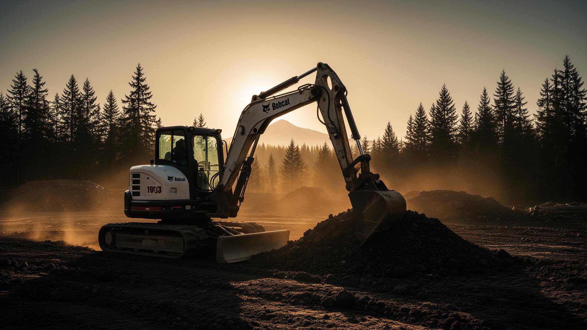 Bobcat excavator working at golden hour